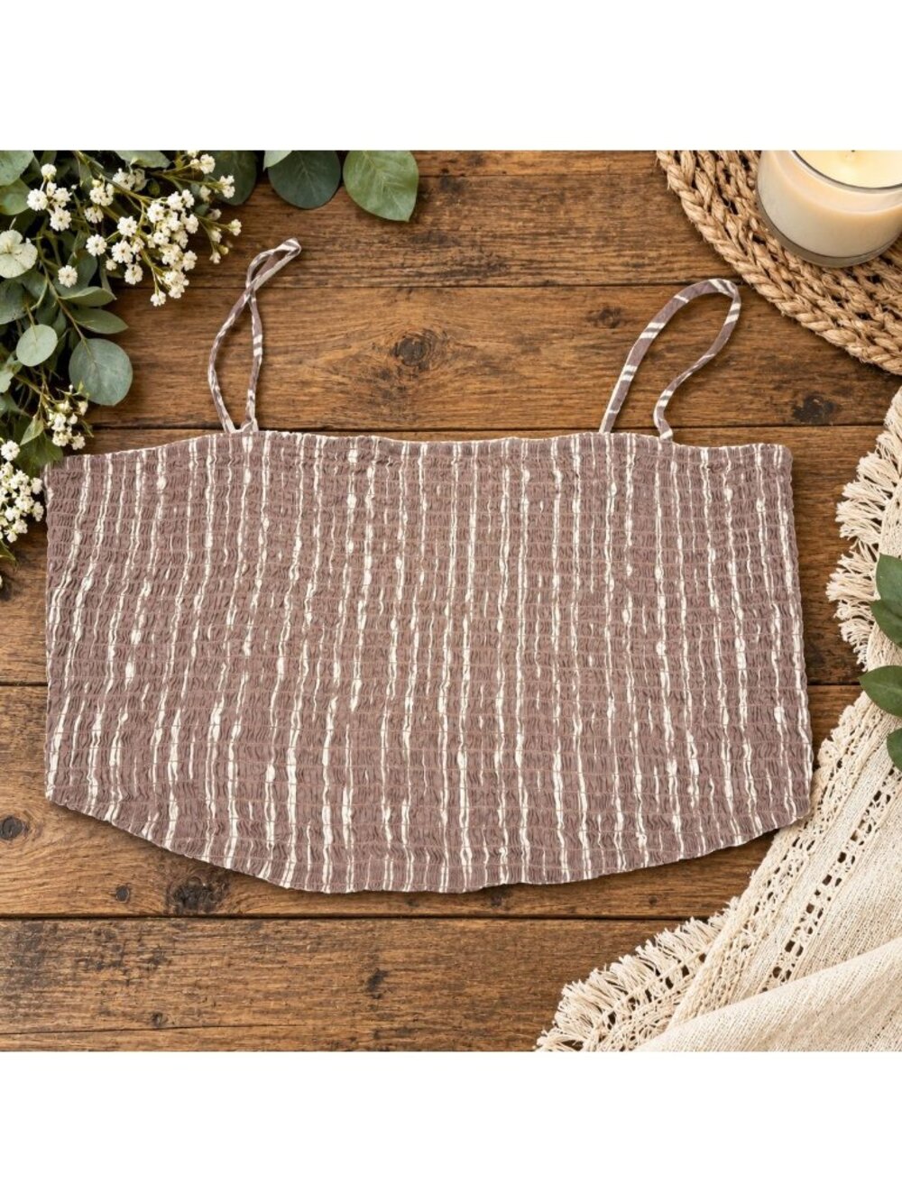American Eagle AE Lounge textured mauve-brown / white striped smocked crop tank